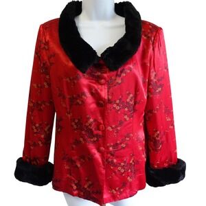Vintage Handmade Asian Inspired Red Brocade Floral Jacket Faux Fur Trim Womens L